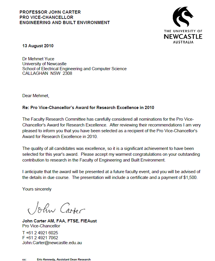Research Excellence Award in Faculty of Engineering and Built Environment, University of Newcastle