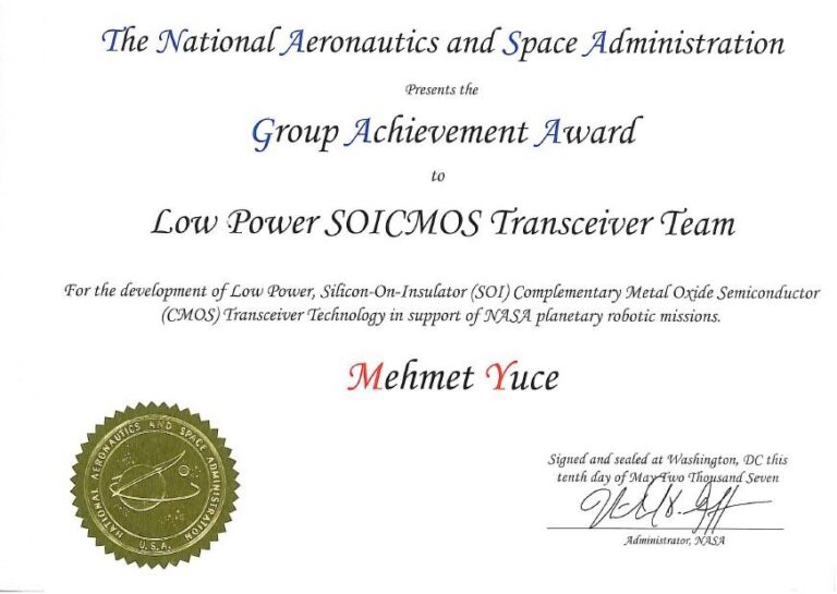 NASA group achievement award for developing SOI transceiver in support of NASA planetary robotic missions